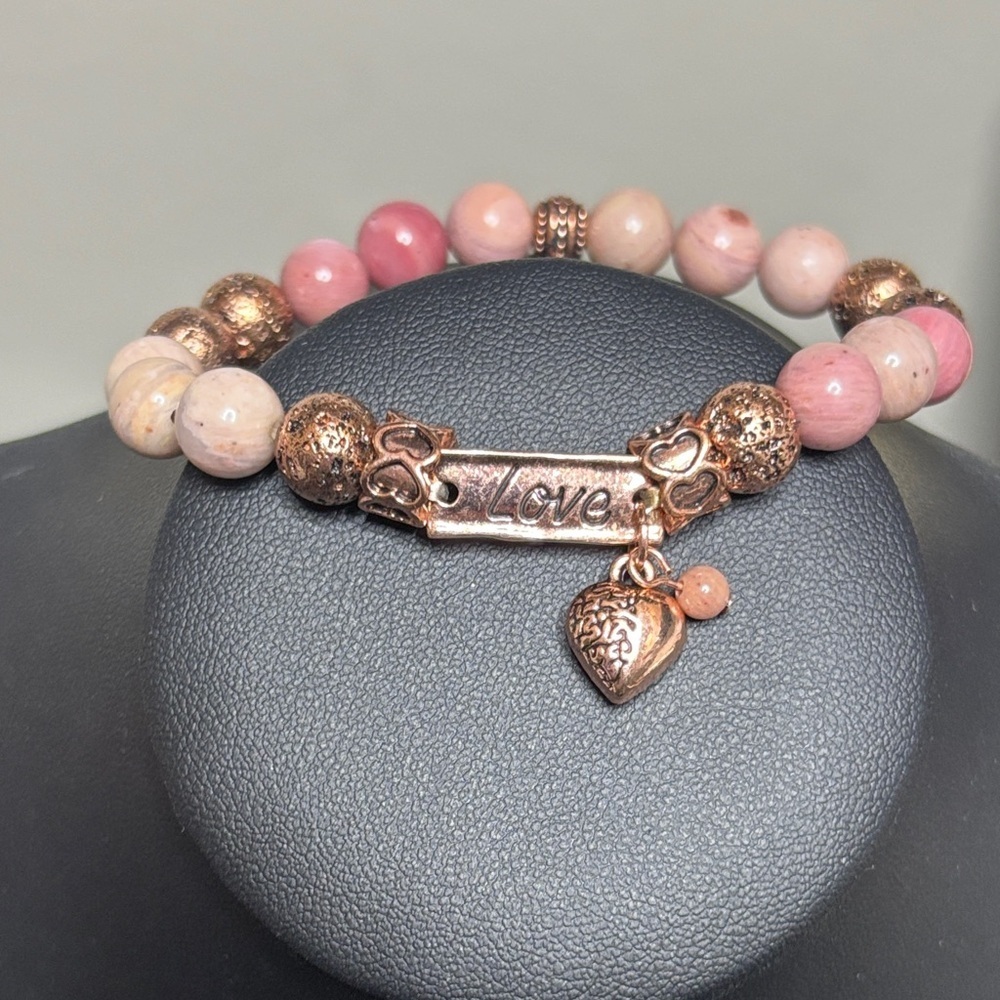 Pink Stone Rose Gold Love Heart Charm Stretch Bracelet